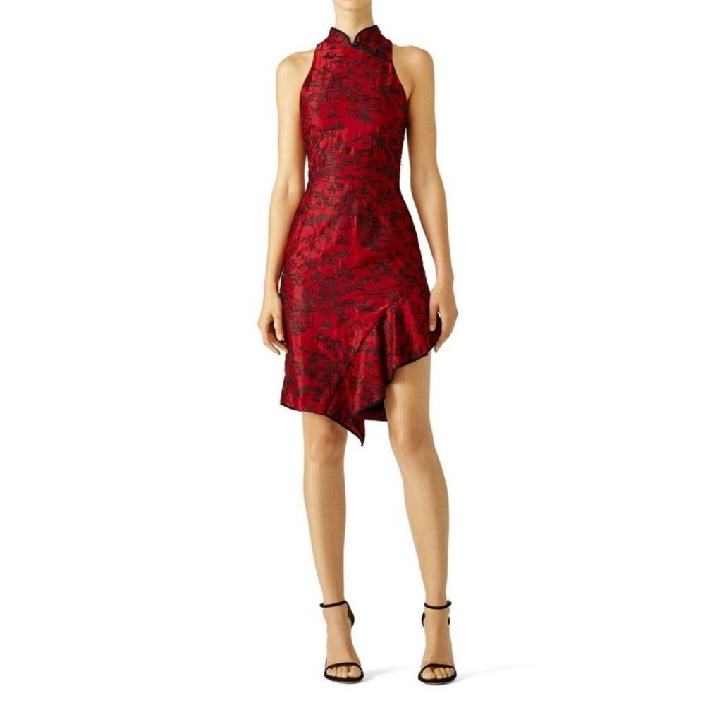 Josie Natori Silk Pagoda Embroidered Red Black Cheongsam Cocktail Dress New